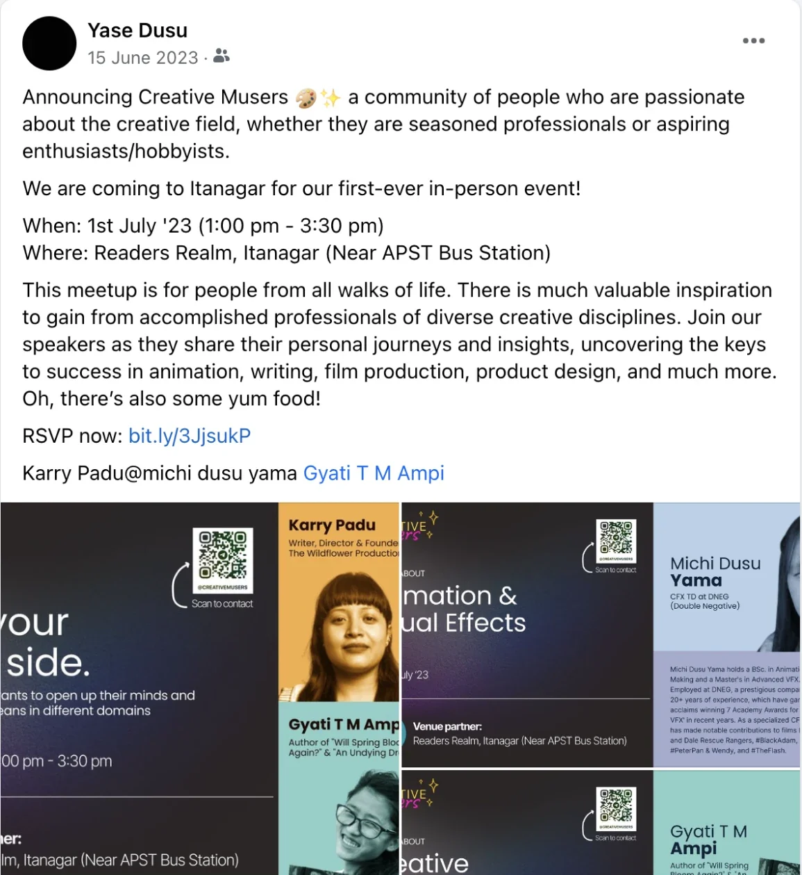 My post announcing Creative Musers and its first in-person event at Readers Realm, Itanagar, on 1 July 2023, with the speaker posters