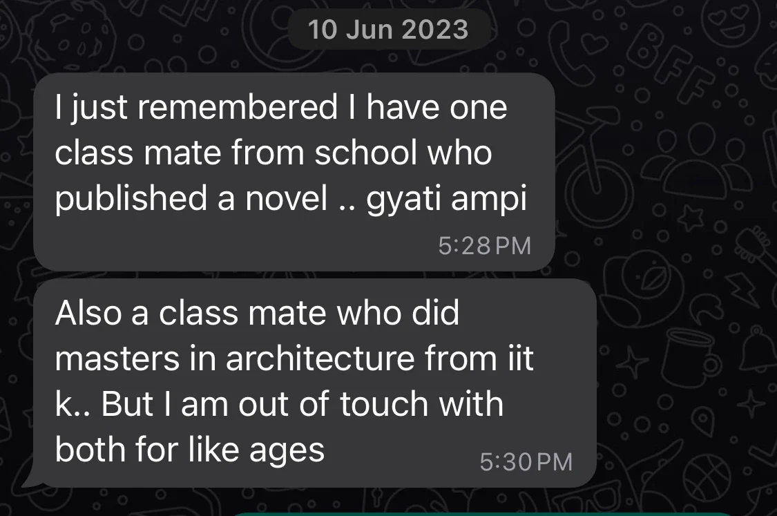 A reply recommending a school classmate who published a novel, and another who did a master's in architecture