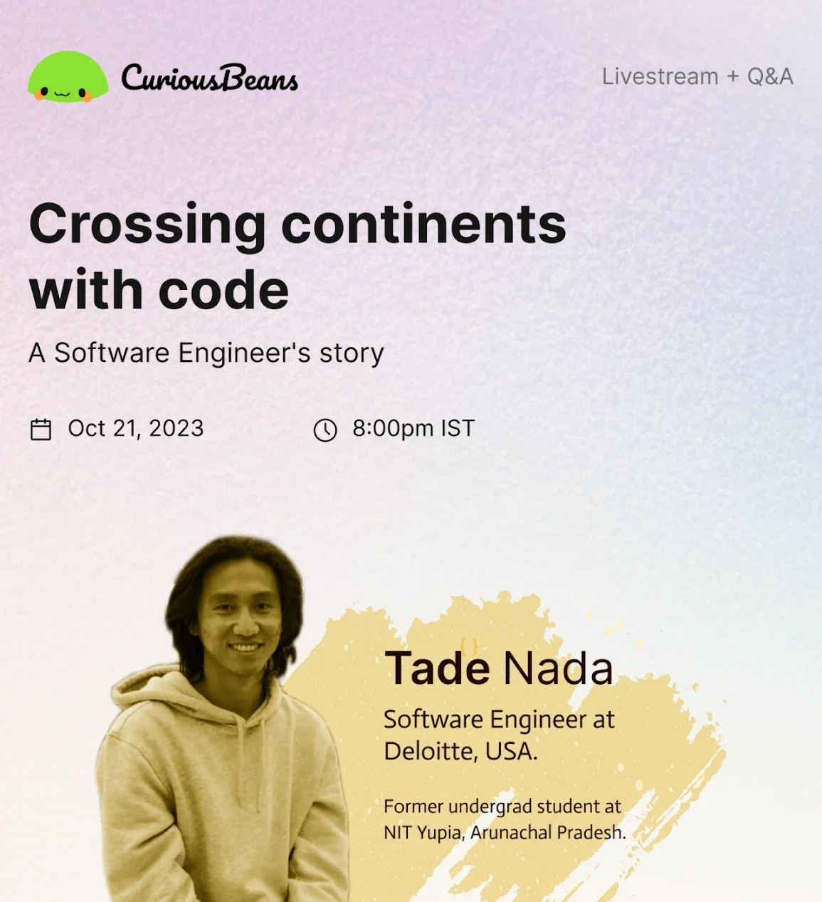 Poster for an online CuriousBeans livestream on 21 October 2023: Crossing continents with code, a software engineer's story, with Tade Nada