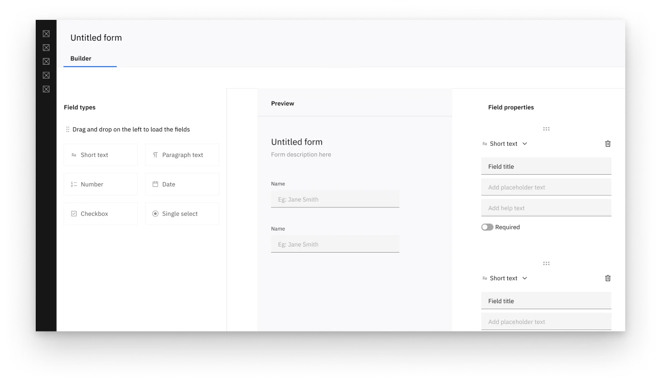 Builder layout option 5: field list, form view and editing panel