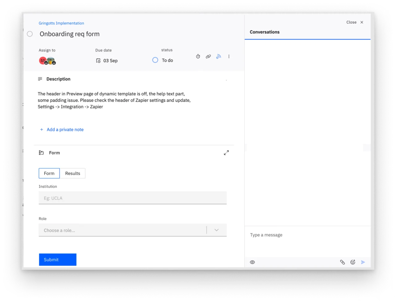 Initial version: form inside the task pane