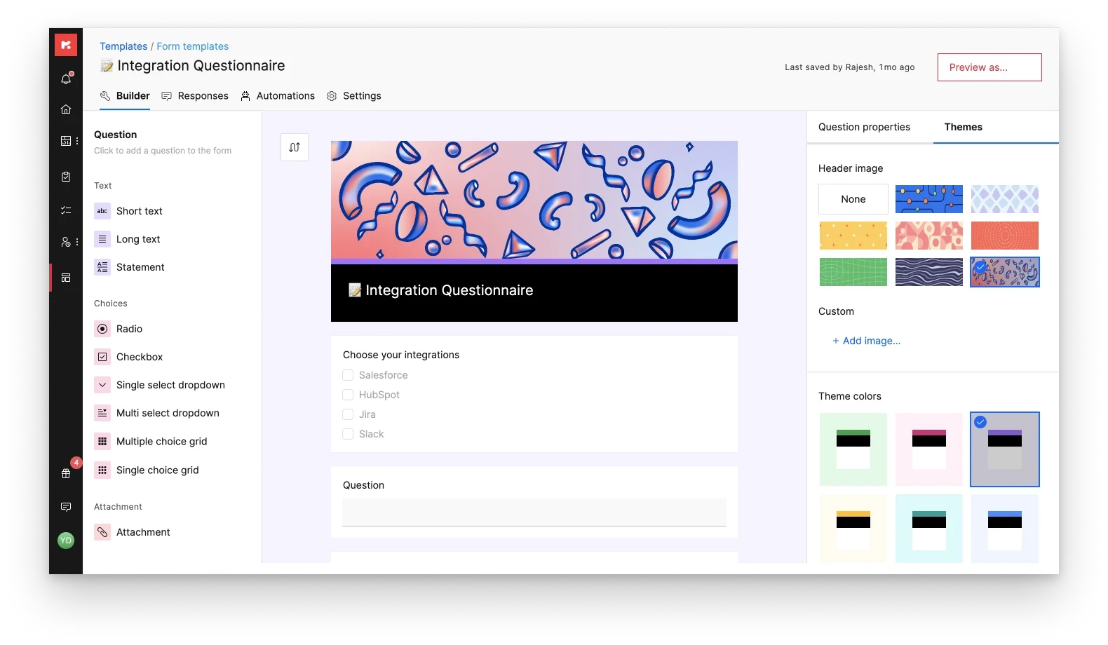 Form builder with themes and a header image