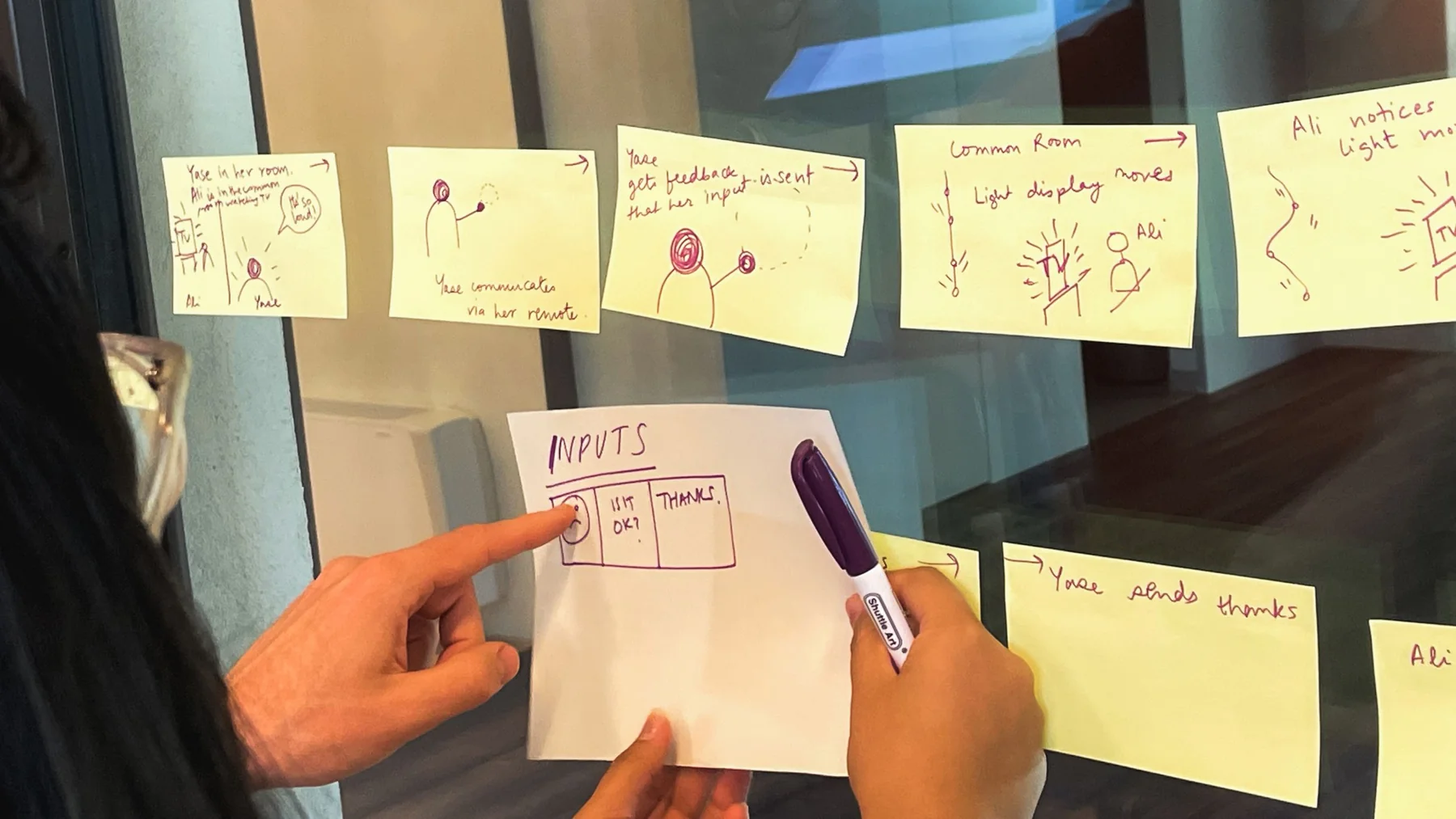 A storyboard of sticky notes on glass, with a card sketching the inputs: request, is it OK? and thanks