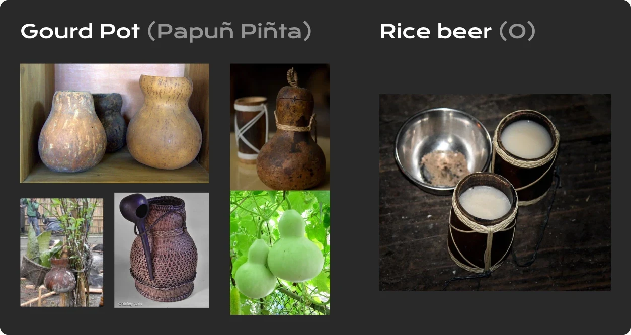 Gourd pots (Papuñ Piñta) of different shapes, and rice beer (O) served in bamboo mugs