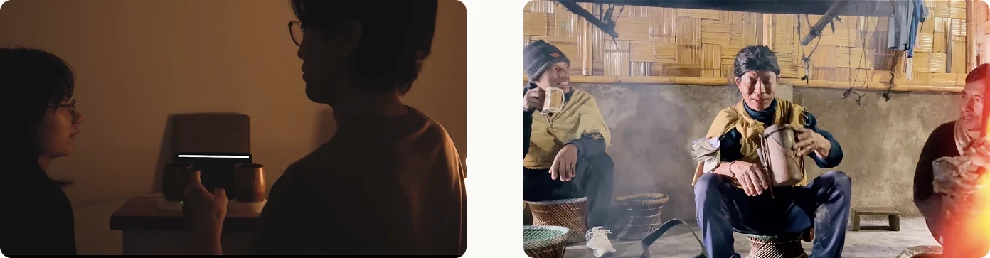 Left: two people sharing the ritual in warm, dim light. Right: elders sharing a drink together around a fire