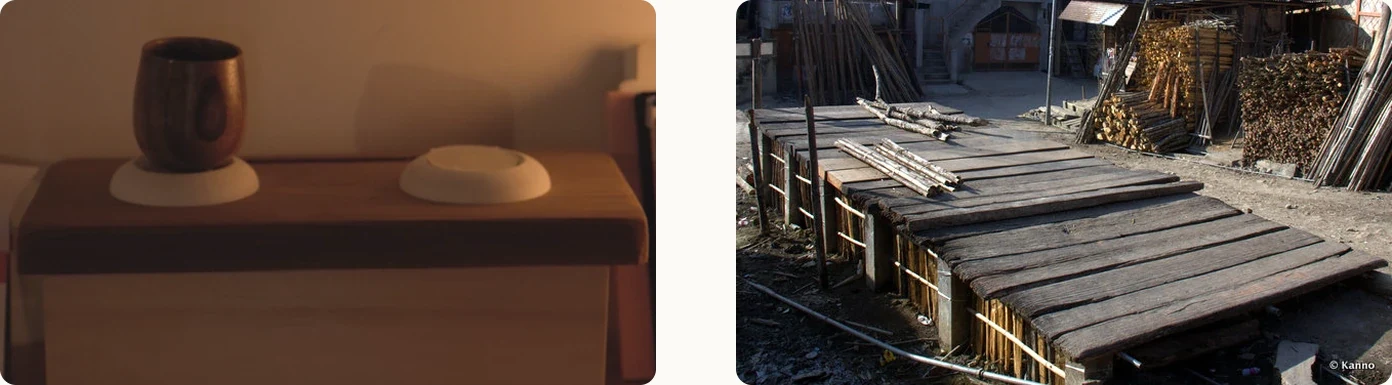 Left: the vessel on its wooden platform. Right: a Lapan, the Apatani gathering platform (photo © Kanno)