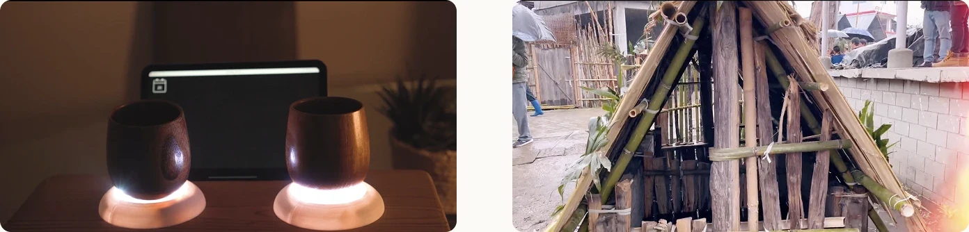 Left: the two vessels glowing white on the platform. Right: a Nago, a small bamboo hut