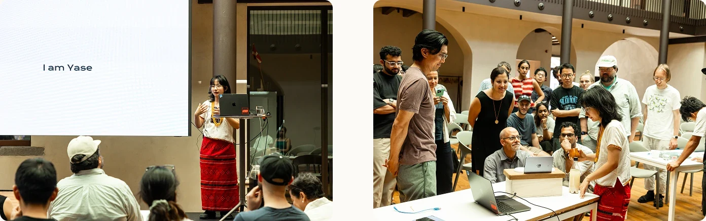 Left: presenting Heritage Remix at CIID. Right: visitors gathering around the vessels at the showcase