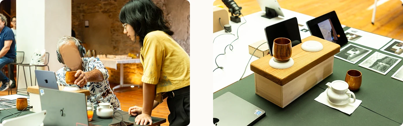 Left: a visitor drinking from the vessel while listening through headphones. Right: the vessels and platform set up at the showcase