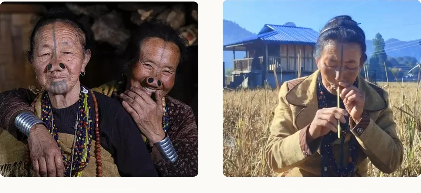 Left: two Apatani elders with facial tattoos and nose plugs (credit to owner, unknown). Right: an Apatani woman playing a wind instrument in a harvested rice field (credit: Capital Complex Dree)