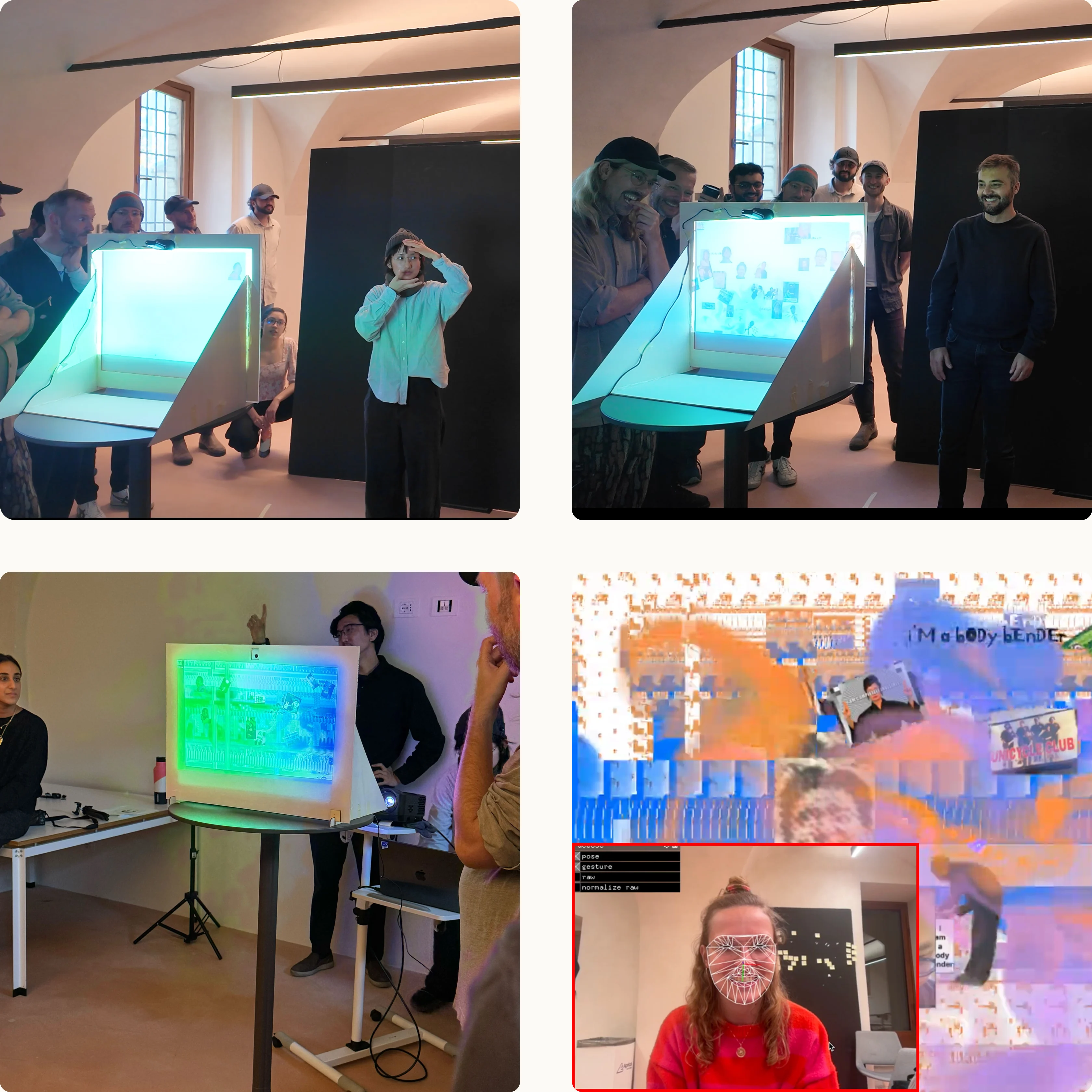 Four photos: a participant striking a pose in front of the projected canvas, visitors laughing around it, the glowing canvas in the studio, and a close-up of the glitching artwork with a face-tracking feed