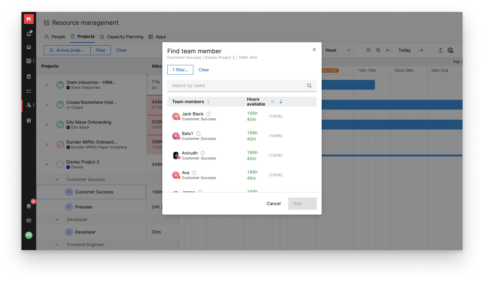 Find team members panel filtering by skills and availability